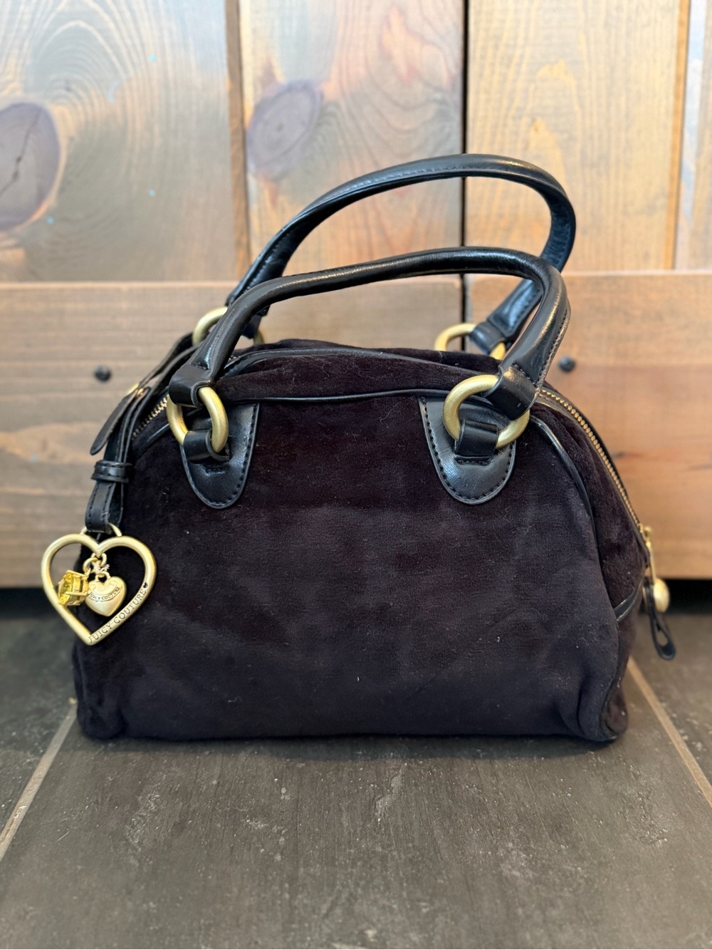 Juicy Couture Black Velvet Logo Satchel with Heart Charm - Picture 2 of 8